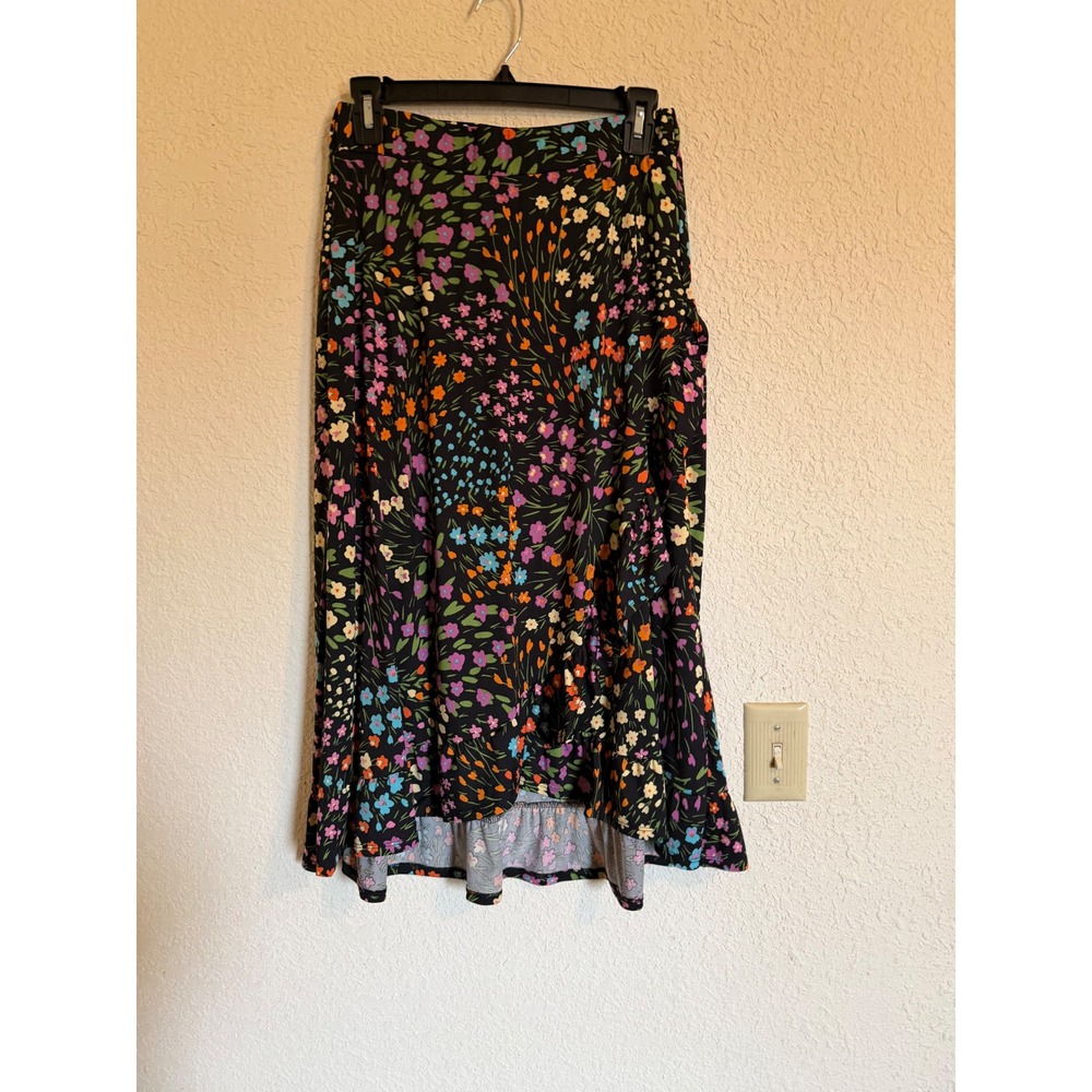 Robert Louis Women Small Black Floral High Low Ruffle Midi Skirt Garden Floral